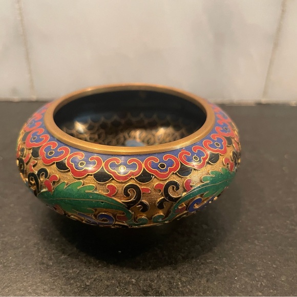 Teal Enamel and Brass Floral CLOISONNE Bowl trinket dish Made in India 3” - Picture 1 of 5